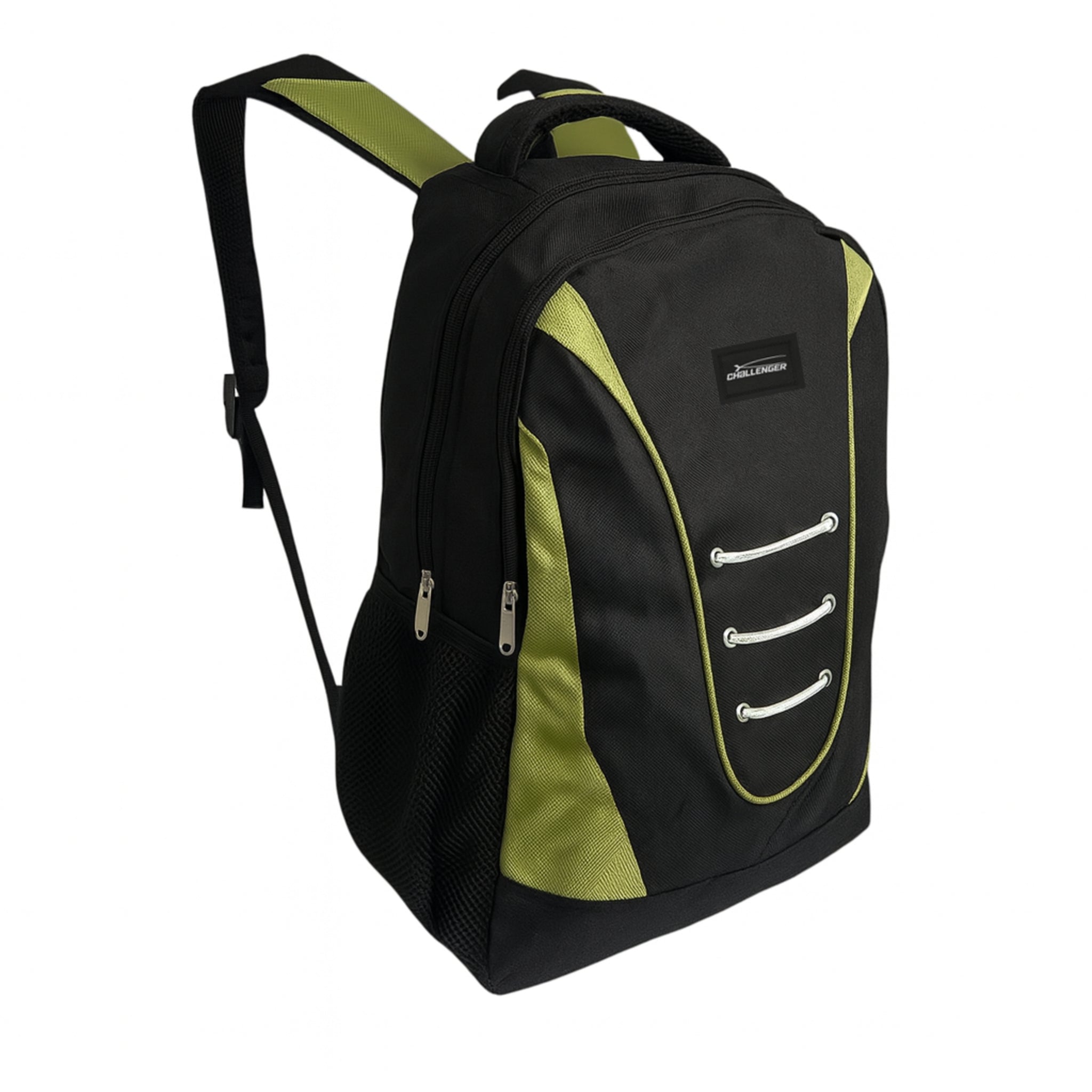 Black and green Everyday Challenger dual compartment backpack with padded shoulder straps, side mesh pockets, and durable water-resistant fabric – ideal for school, work, or travel.